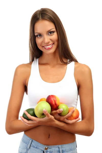 Beautiful young woman with fruits isolated on white — Stock Photo, Image