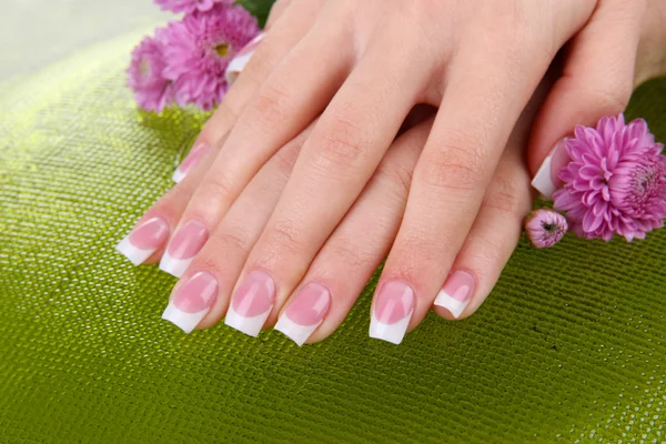 Mãos de mulher com manicure francês e flores no fundo verde — Fotografia de Stock