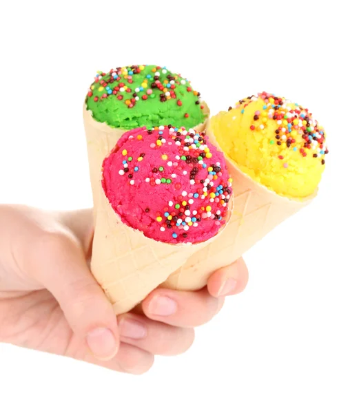 Three scoops of lemon, strawberry and kiwi ice cream in the waffle cones de — Stock Photo, Image