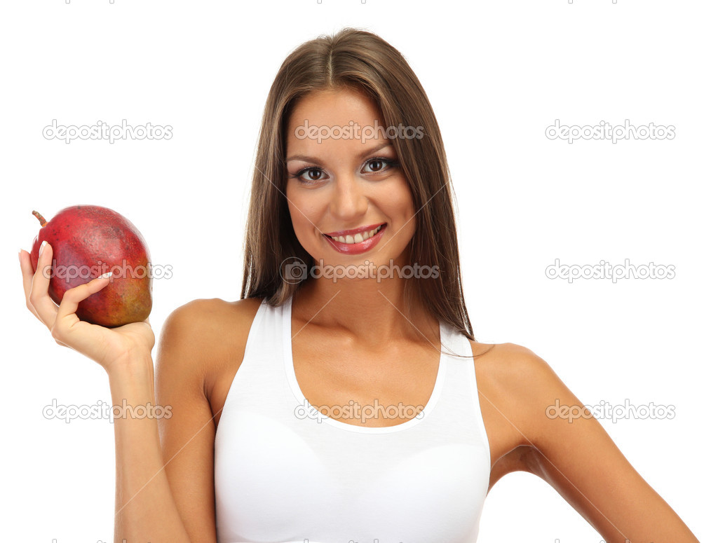 eautiful young woman with mango, isolated on white