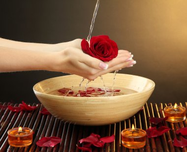 kadın eliyle su yaprakları kahverengi zemin üzerine ahşap kase