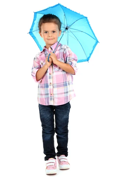 Güzel küçük bir kız ile üzerine beyaz izole şemsiye — Stok fotoğraf