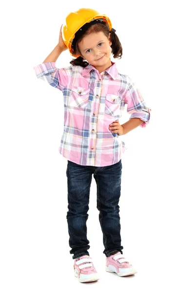 Linda menina com capacete isolado no branco — Fotografia de Stock