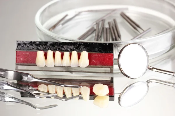 Set of dental tools with denture on grey background — Stock Photo, Image