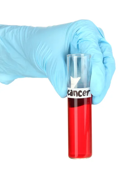 Test tube labeled Cancer in hand isolated on white — Stock Photo, Image