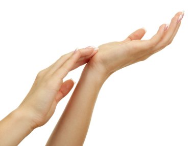 güzel kadın el ile üzerine beyaz izole manikür, Fransız