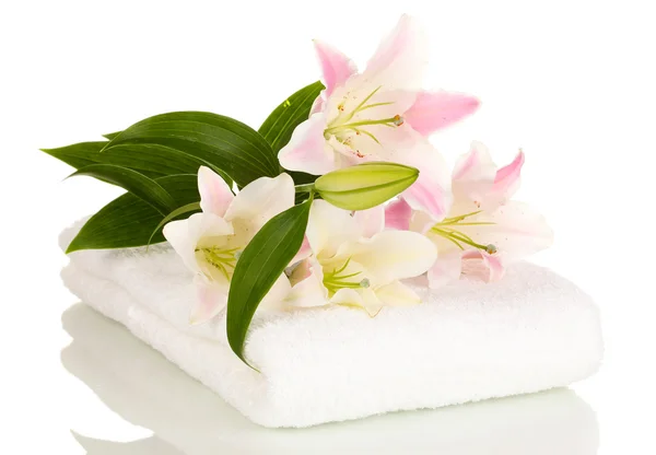 Beautiful lily on towel isolated on white — Stock Photo, Image