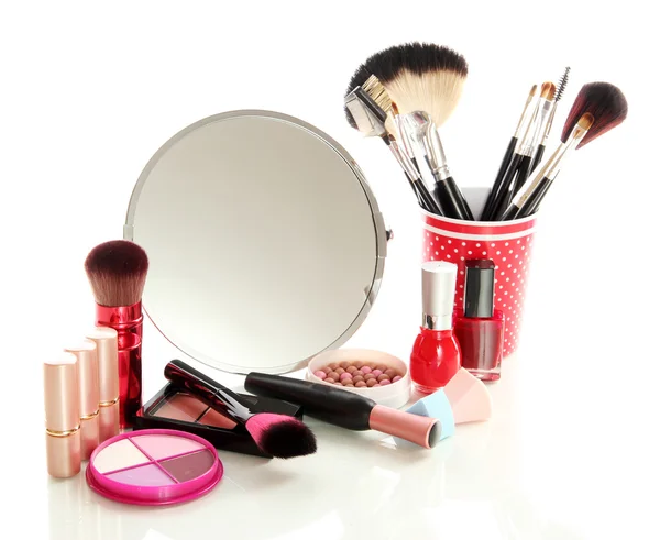 Cosmetics near mirror isolated on white — Stock Photo, Image