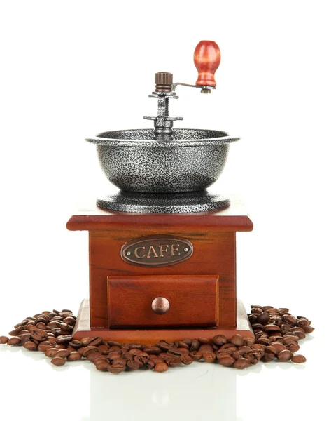 Koffiemolen met koffiebonen geïsoleerd op wit — Stockfoto
