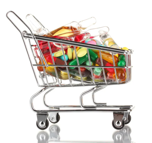 Shopping trolley with pills, isolated on white — Stock Photo, Image