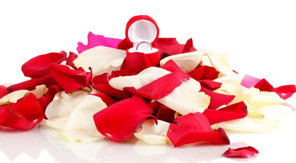 Hermosa caja con anillo en pétalos de rosa rojos, blancos y rosados aislados en el blanco — Foto de Stock