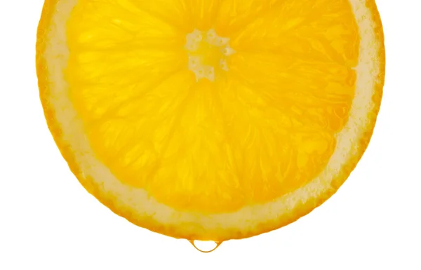 Slice of orange with drop, isolated on white — Stock Photo, Image