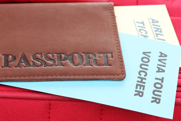 Passport and ticket on suitecase close-up — Stock Photo, Image