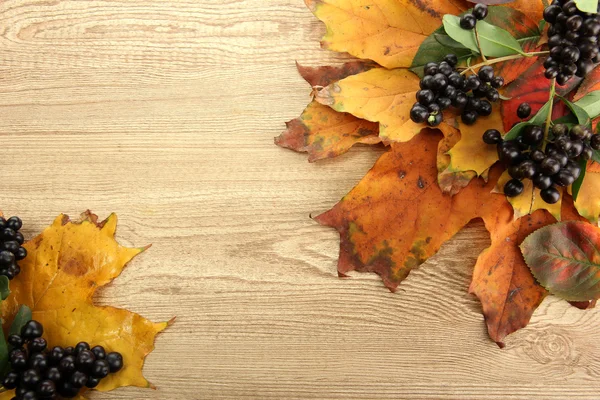 Heldere herfstbladeren en wilde bessen, op houten achtergrond — Stockfoto