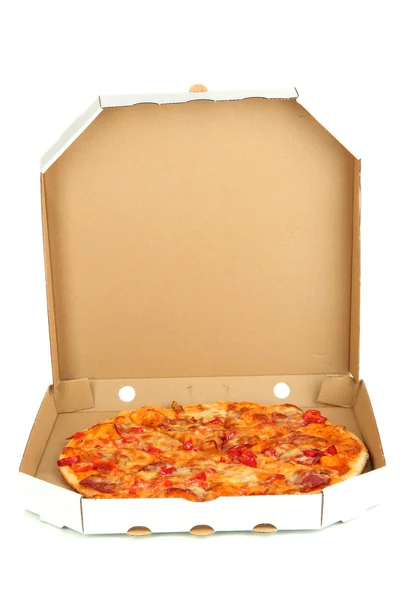 Tasty pizza in box isolated on white — Stock Photo, Image