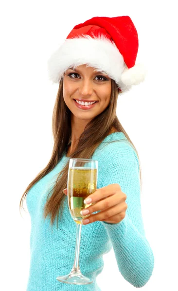 Beautiful young woman with glass of champagne, isolated on white — Stock Photo, Image