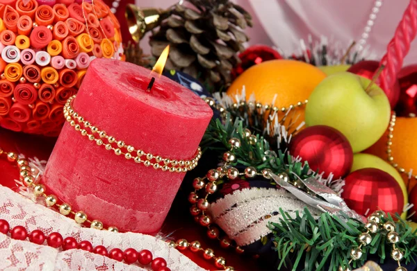 Serving Christmas table on white and red fabric background close-up — Stock Photo, Image