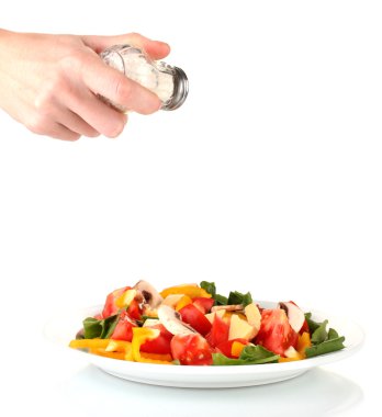 el ekleyerek tuz tuz shaker üzerinde beyaz izole kullanarak