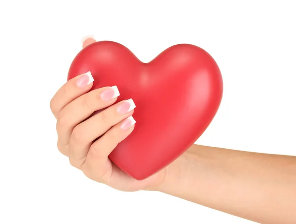 Red heart in woman's hand, on white background close-up — Stock Photo, Image