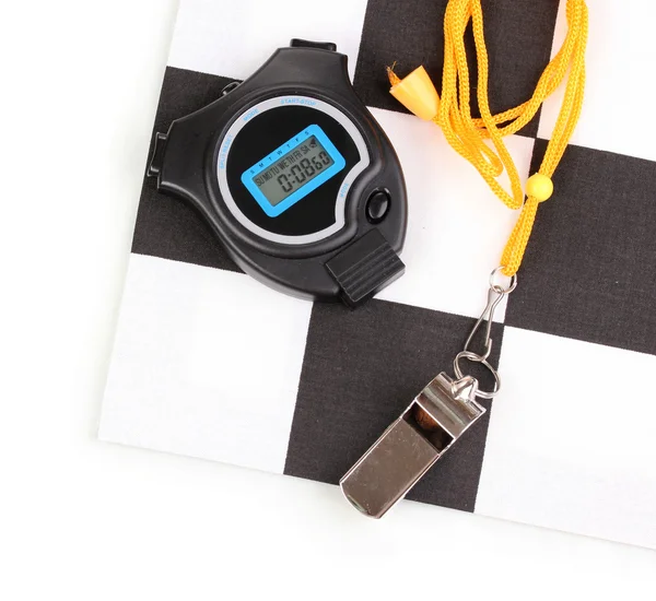 Checkered finish flag with whistle and stopwatch isolated on white — Stock Photo, Image