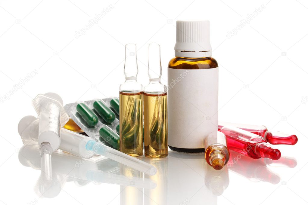 medical ampules, bottle, pills and syringes, isolated on white