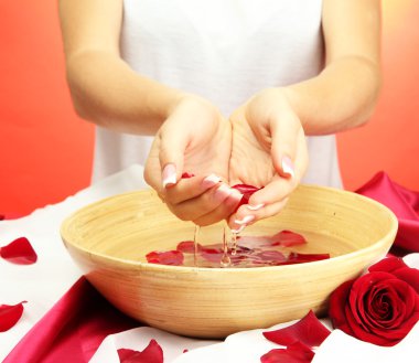 kadın eliyle su yaprakları kırmızı zemin üzerine ahşap kase