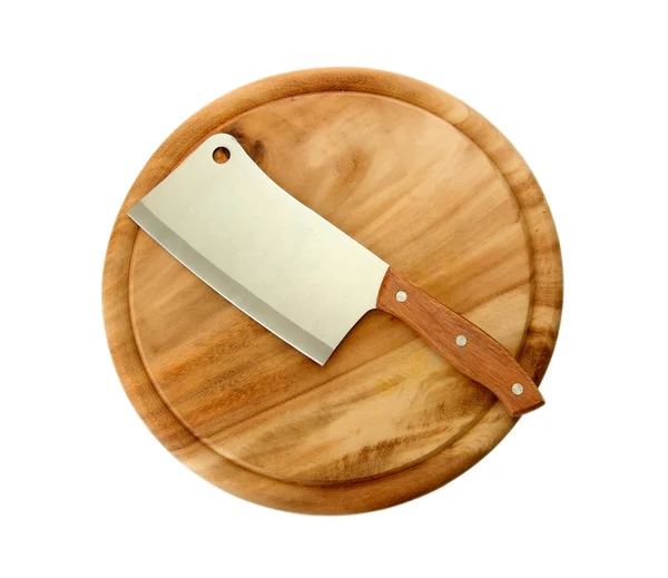 Meat cleaver on cutting board isolated on white — Stock Photo, Image