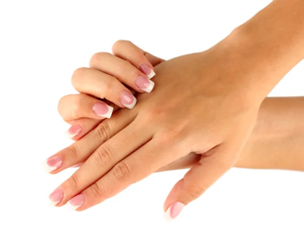 Belle mani di donna con manicure francese su sfondo bianco — Foto Stock