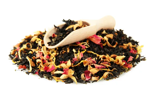 Aromatic black dry tea with fruits and petals, isolated on white — Stock Photo, Image