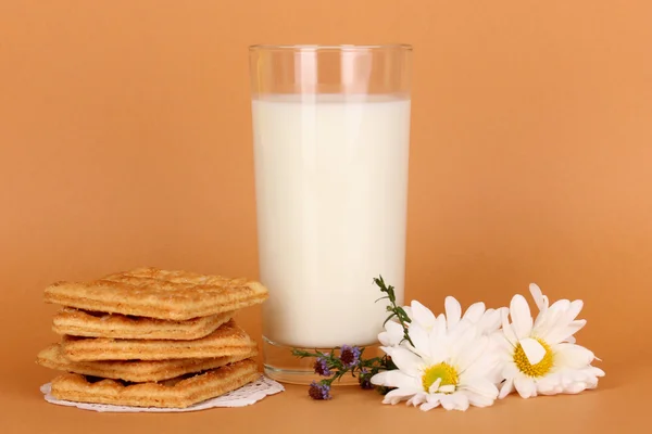 Bicchiere di nuovo latte fresco con biscotti su sfondo marrone — Foto Stock