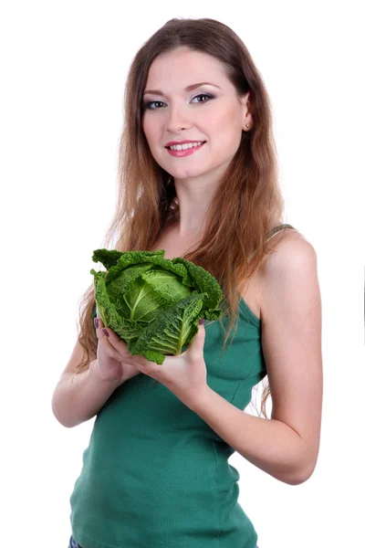 Beautiful woman with cabbage isolated on white — Stock Photo, Image