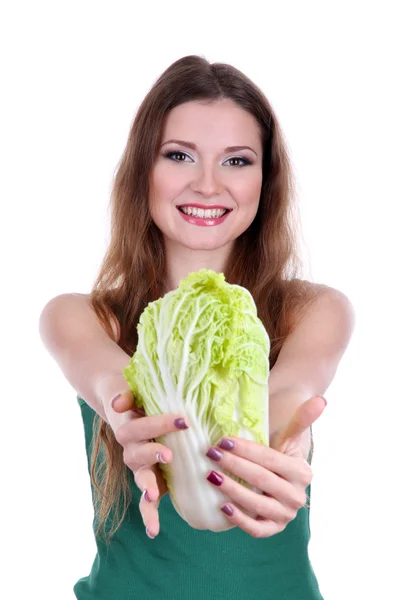 Beautiful woman with cabbage isolated on white — Stock Photo, Image