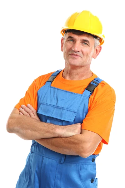 Male builder in yellow helmet isolated on white close-up — Stock Photo, Image