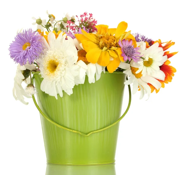 Beautiful bouquet of bright wildflowers in green metal bucket, isolated on — Stock Photo, Image