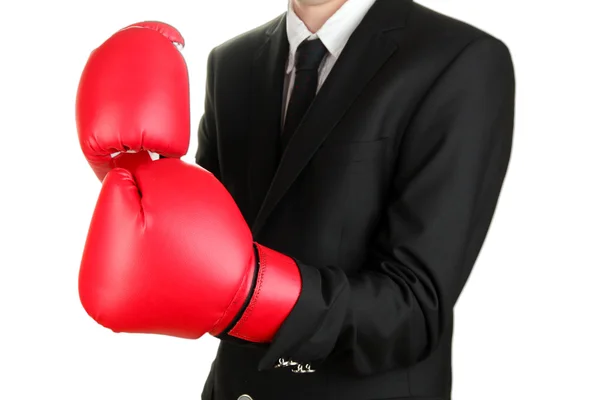 Homme d'affaires en gants de boxe isolé sur blanc — Photo