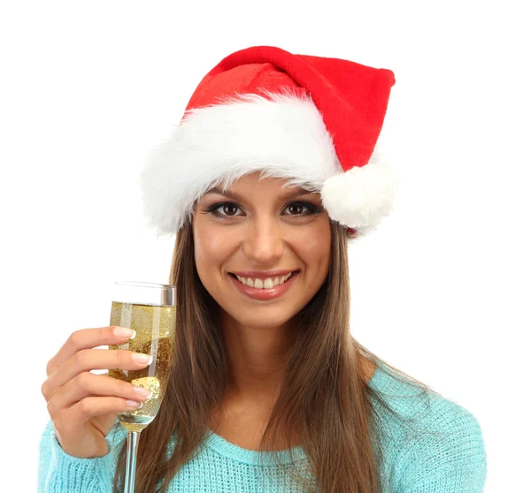 Beautiful young woman with glass of champagne, isolated on white — Stock Photo, Image