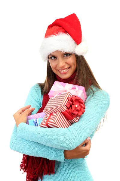 Hermosa joven con regalos, aislado en blanco —  Fotos de Stock