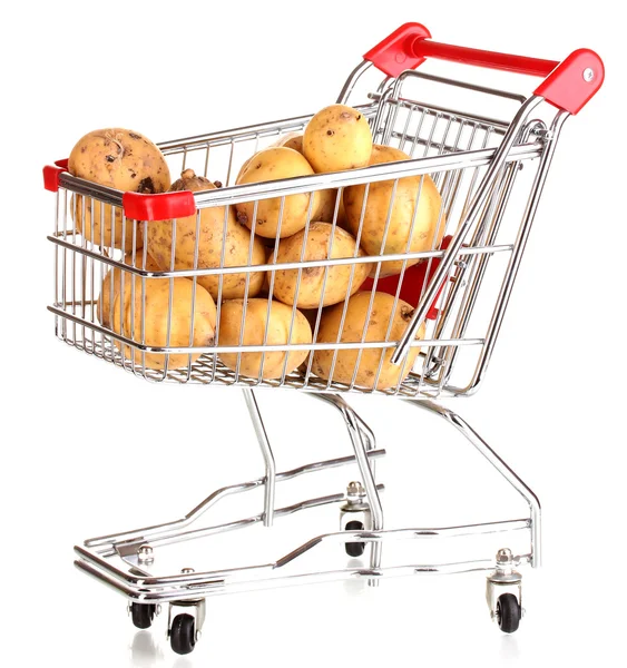 Ripe potatoes in trolley isolated on white — Stock Photo, Image