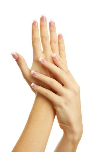 Beautiful woman hands with french manicure, isolated on white — Stock Photo, Image