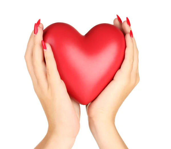 A női kéz elszigetelt fehér piros szív — Stock Fotó