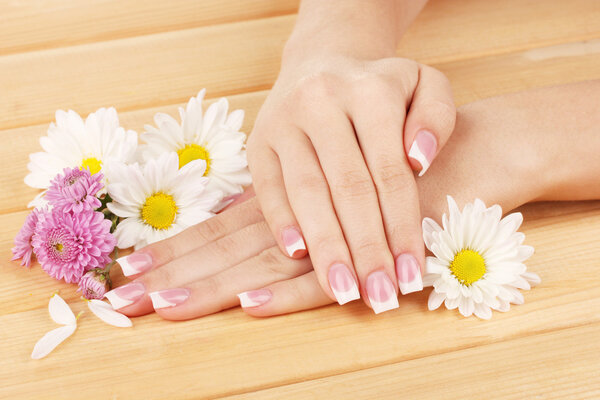 Woman hands with french manicure and flowers on wooden background