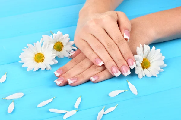 Vrouw handen met Frans manicure en bloemen op blauwe houten achtergrond — Stockfoto