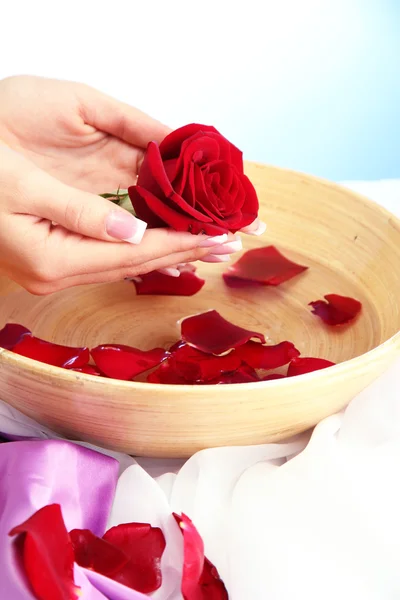 Woman hands with wooden bowl of water with petals, on blue background Stock Picture