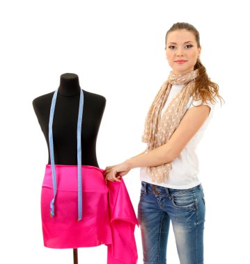 güzel bir genç kadın ve üzerinde beyaz izole manken