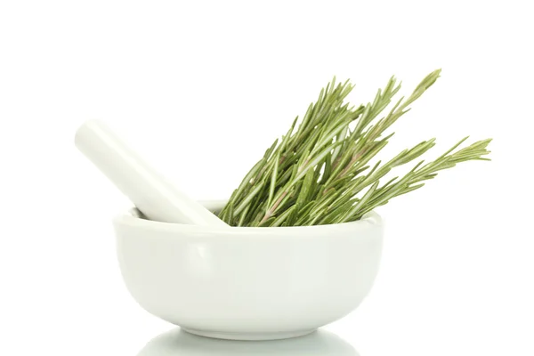 Mortar with fresh green rosemary isolated on white — Stock Photo, Image