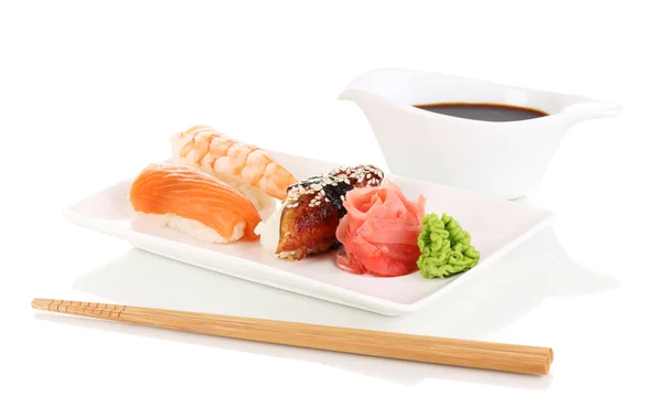 Delicious sushi served on plate isolated on white — Stock Photo, Image