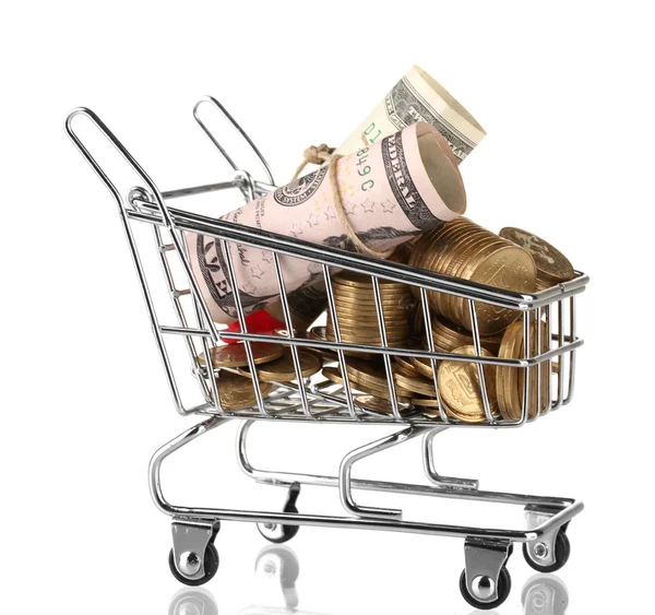 Trolley dolar ve Ukraynalı para ile alışveriş, üzerinde beyaz izole — Stok fotoğraf