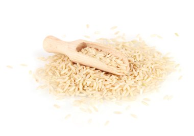 rice in wooden scoop isolated on white background