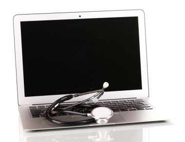 Gümüş defter üzerinde beyaz izole bir stetoskop ile