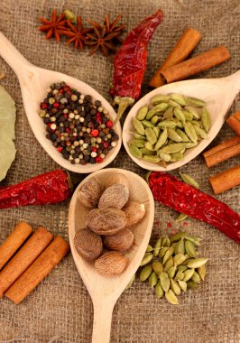 Küçük Hindistan cevizi ve diğer baharatlar çul zemin üzerine